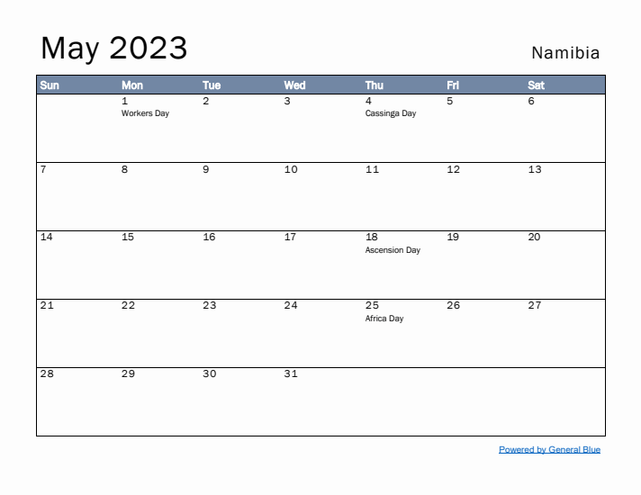 May 2023 Simple Monthly Calendar for Namibia