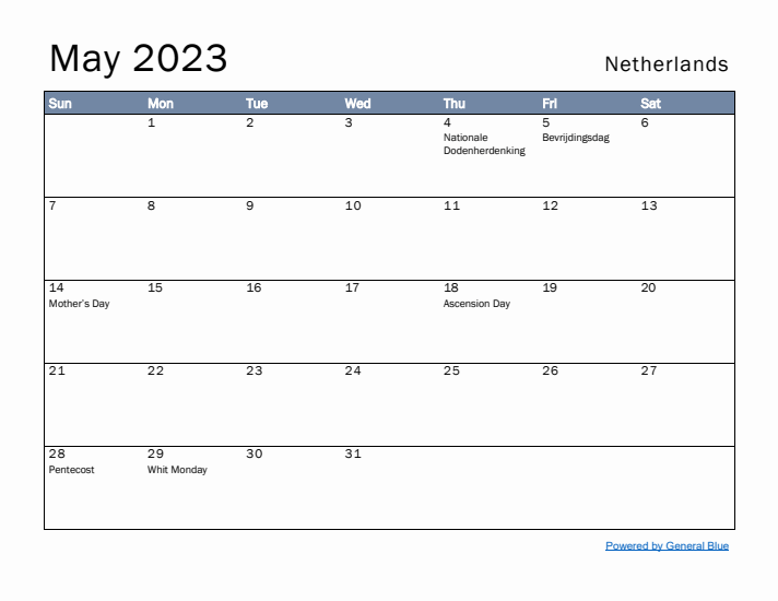 May 2023 Simple Monthly Calendar for The Netherlands