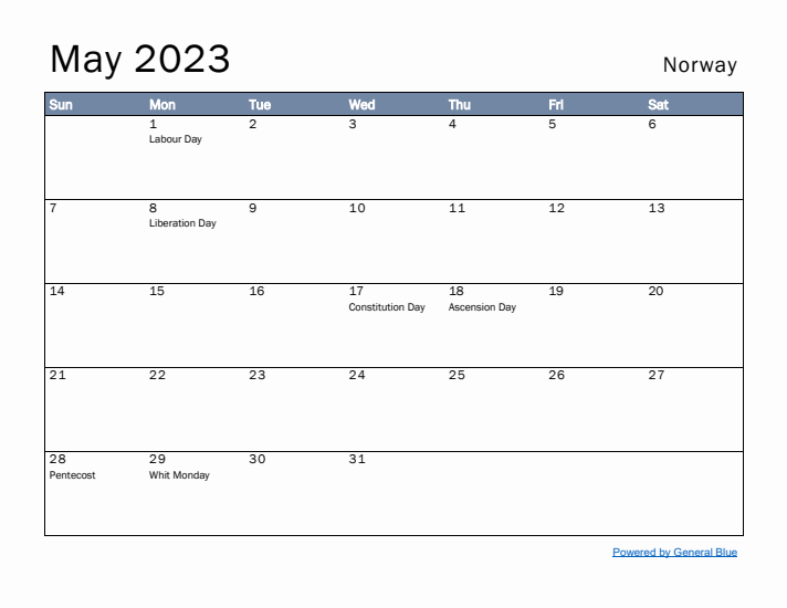 May 2023 Simple Monthly Calendar for Norway