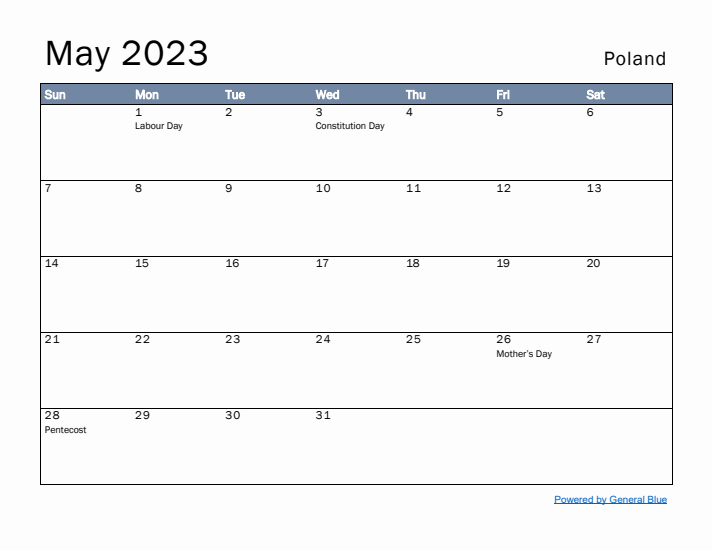 May 2023 Simple Monthly Calendar for Poland