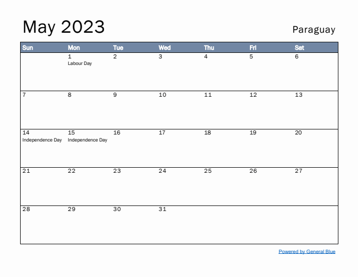 May 2023 Simple Monthly Calendar for Paraguay