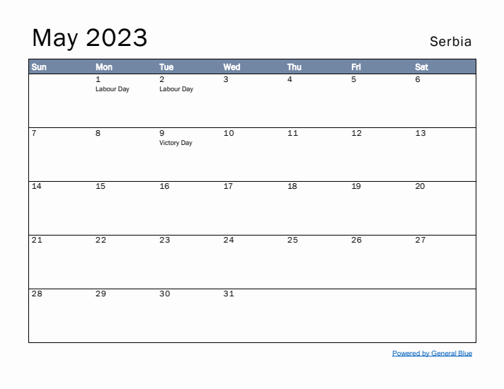 May 2023 Simple Monthly Calendar for Serbia