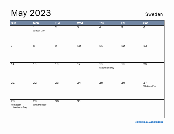 May 2023 Simple Monthly Calendar for Sweden