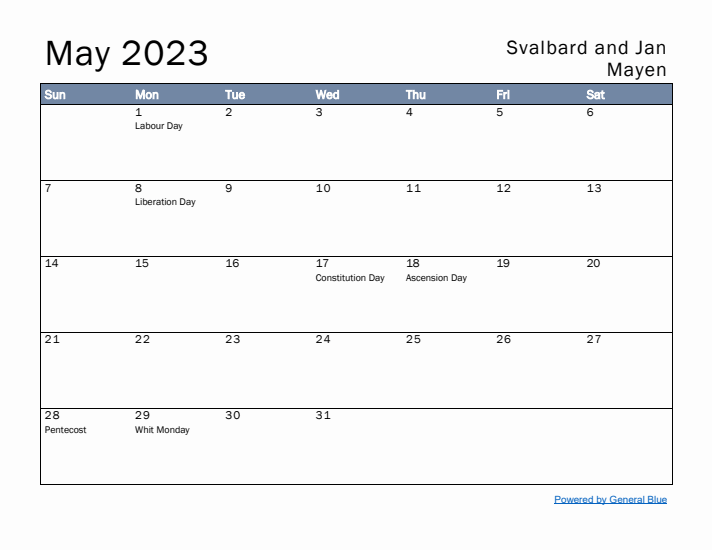 May 2023 Simple Monthly Calendar for Svalbard and Jan Mayen