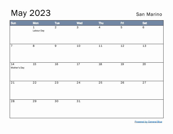 May 2023 Simple Monthly Calendar for San Marino