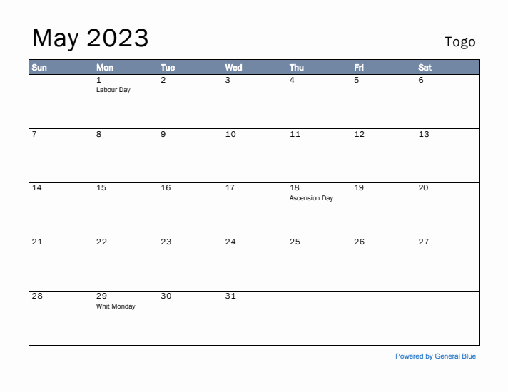 May 2023 Simple Monthly Calendar for Togo