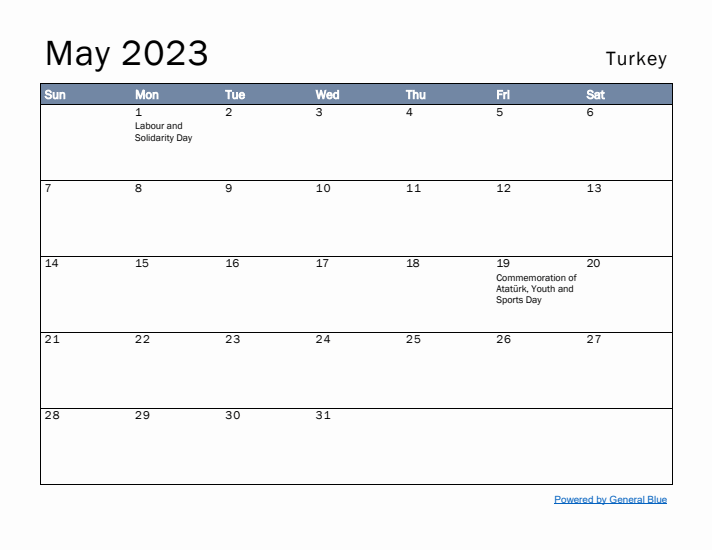 May 2023 Simple Monthly Calendar for Turkey