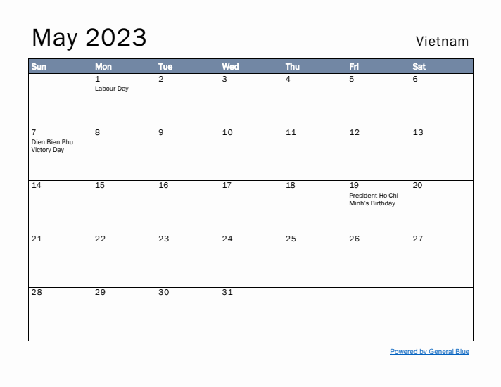 May 2023 Simple Monthly Calendar for Vietnam