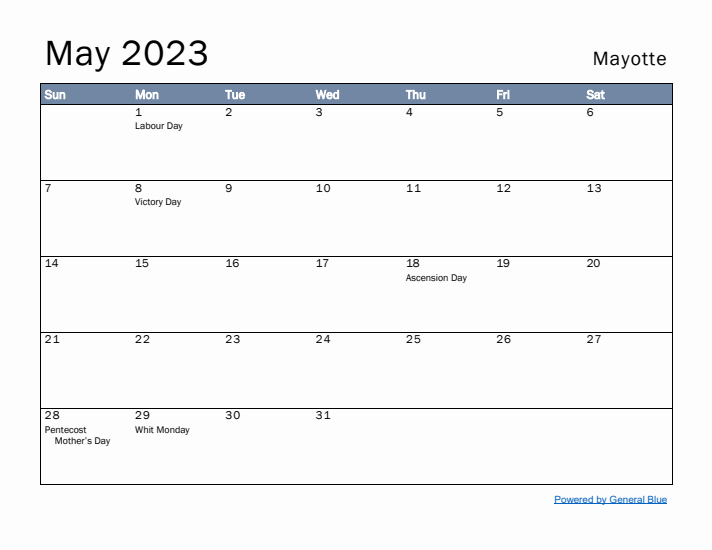 May 2023 Simple Monthly Calendar for Mayotte