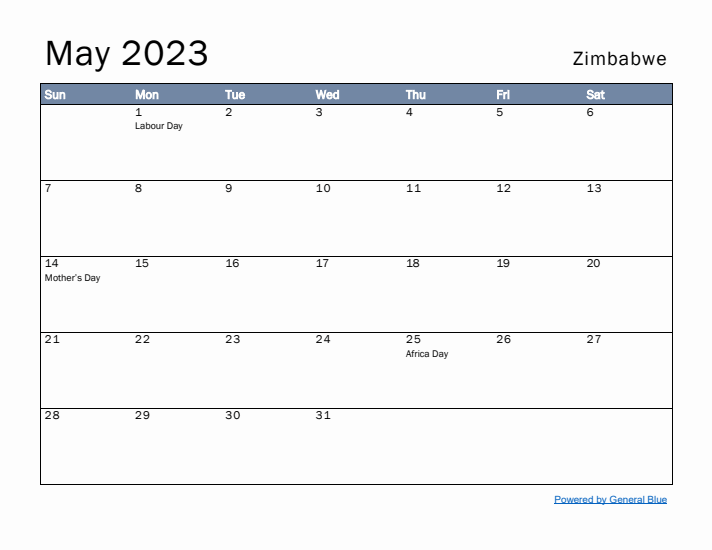 May 2023 Simple Monthly Calendar for Zimbabwe