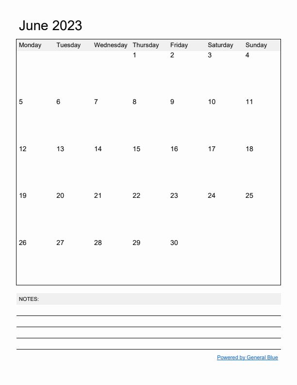 Basic Monthly Calendar Template for June 2023