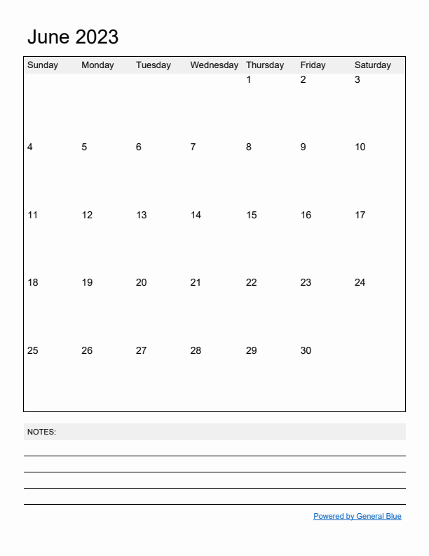 Basic Monthly Calendar Template for June 2023