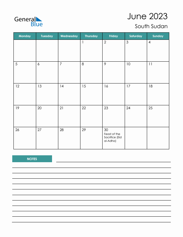 Calendar with Notes Printable - Monday Start