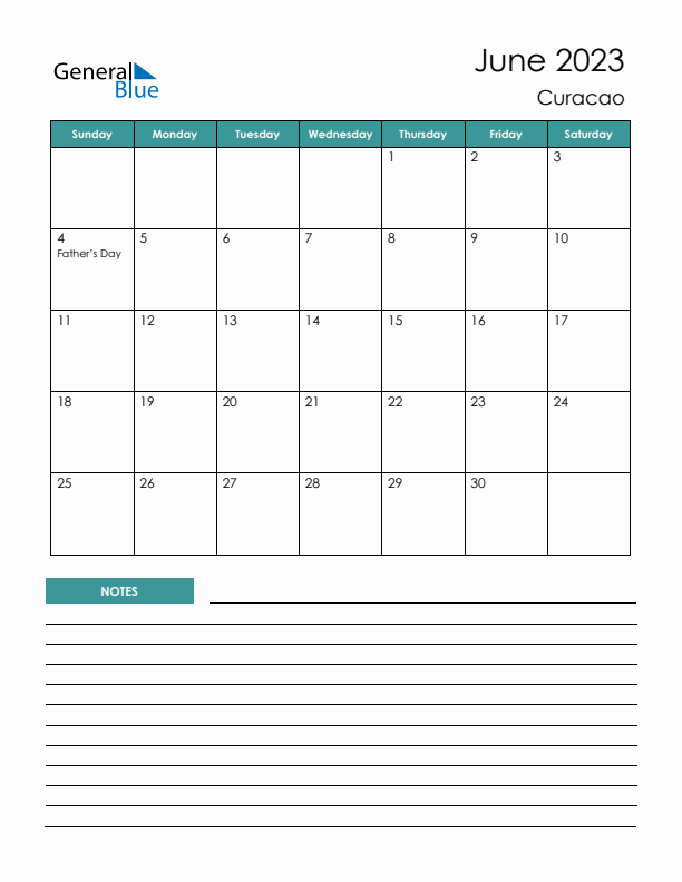 Calendar with Notes Printable - Sunday Start