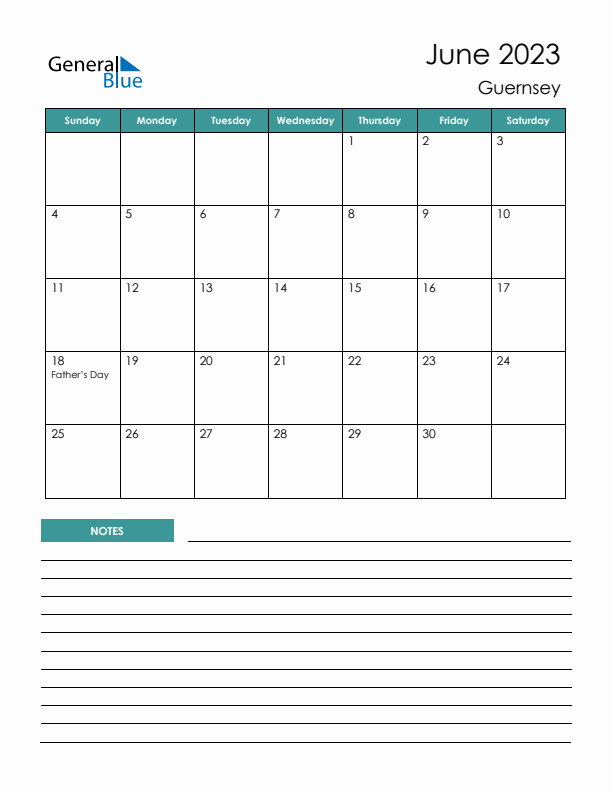 Calendar with Notes Printable - Sunday Start