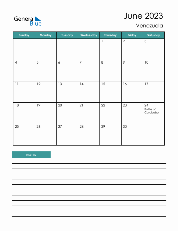 Calendar with Notes Printable - Sunday Start