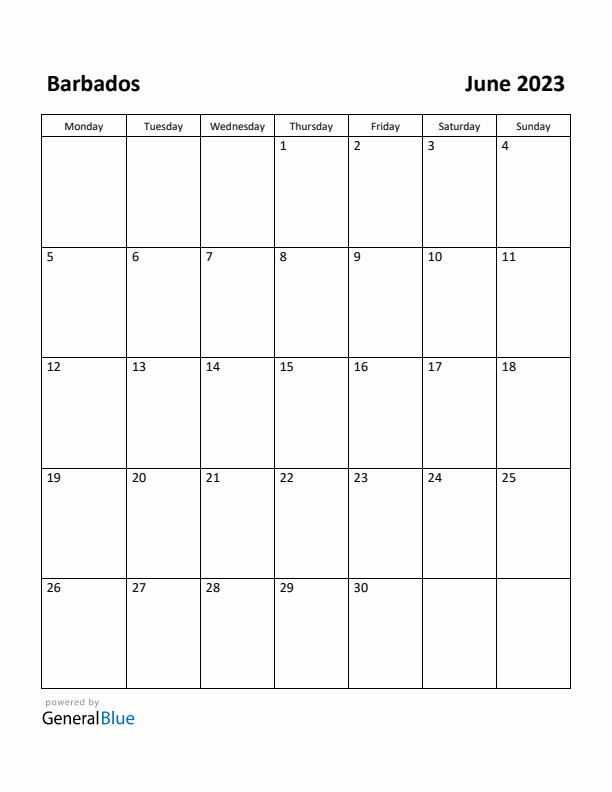 June 2023 Calendar with Barbados Holidays