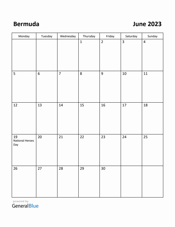 June 2023 Calendar with Bermuda Holidays