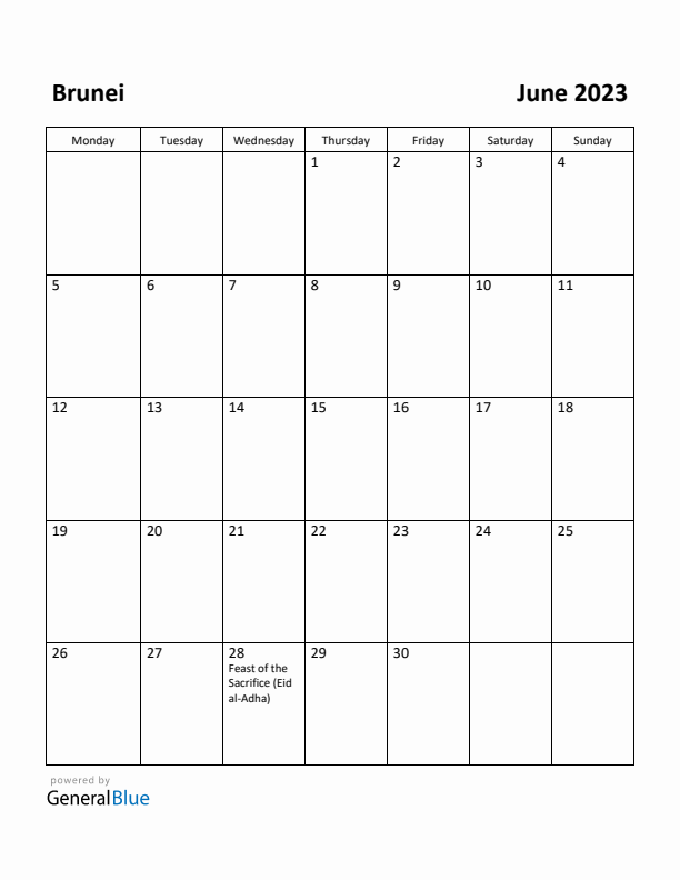 June 2023 Calendar with Brunei Holidays