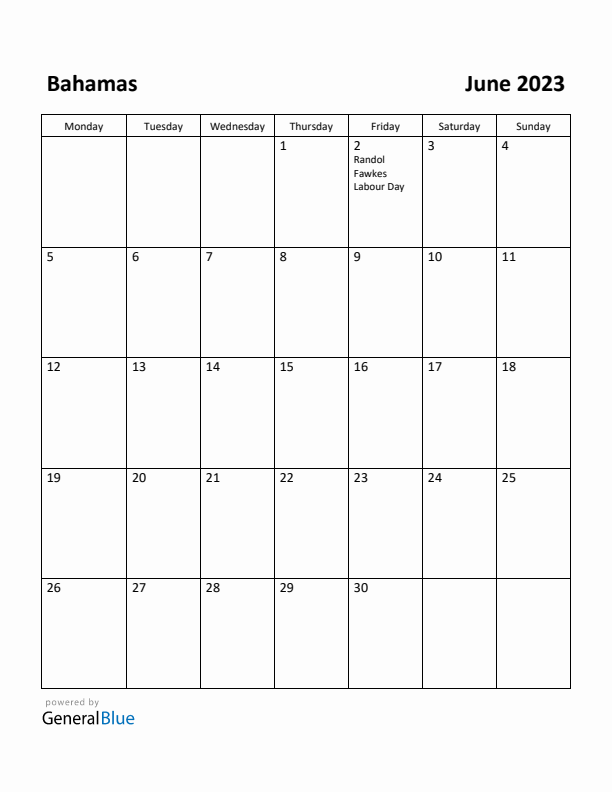 June 2023 Calendar with Bahamas Holidays