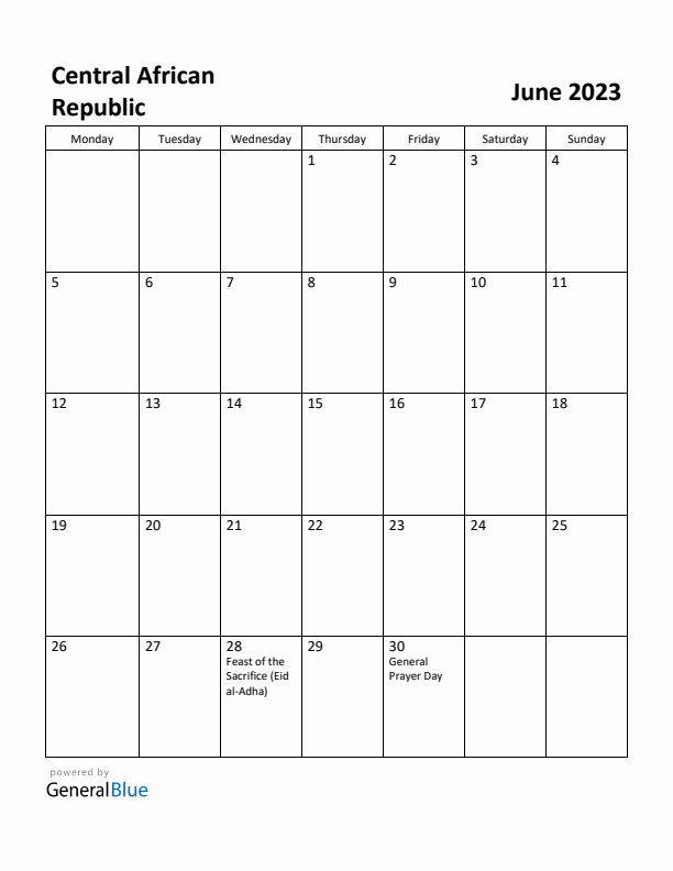 June 2023 Calendar with Central African Republic Holidays