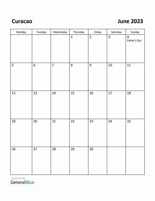 June 2023 Calendar with Curacao Holidays