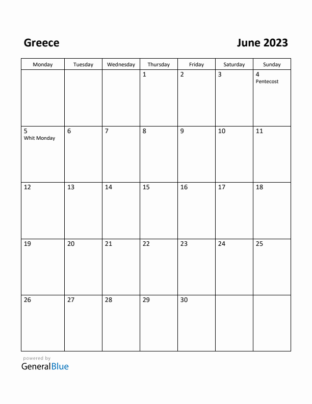 June 2023 Calendar with Greece Holidays