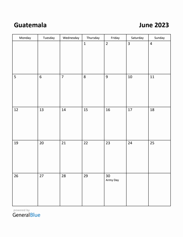 June 2023 Calendar with Guatemala Holidays