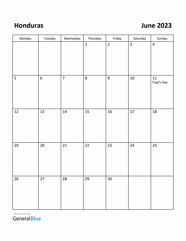 June 2023 Calendar with Honduras Holidays