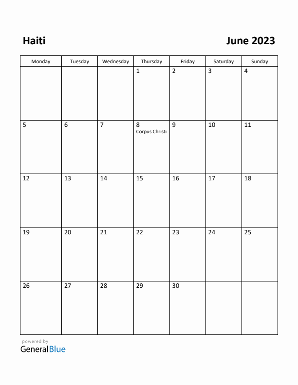 June 2023 Calendar with Haiti Holidays