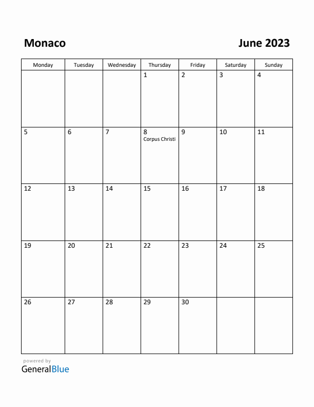 June 2023 Calendar with Monaco Holidays