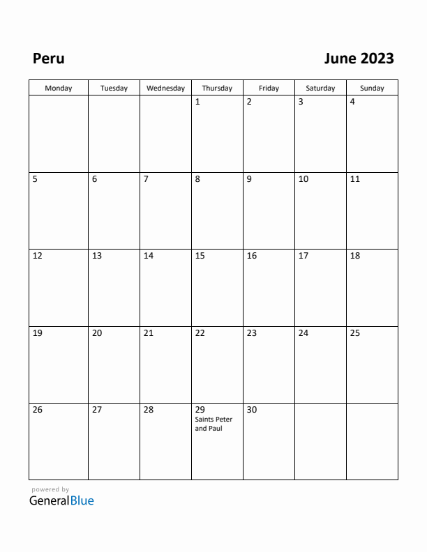 June 2023 Calendar with Peru Holidays