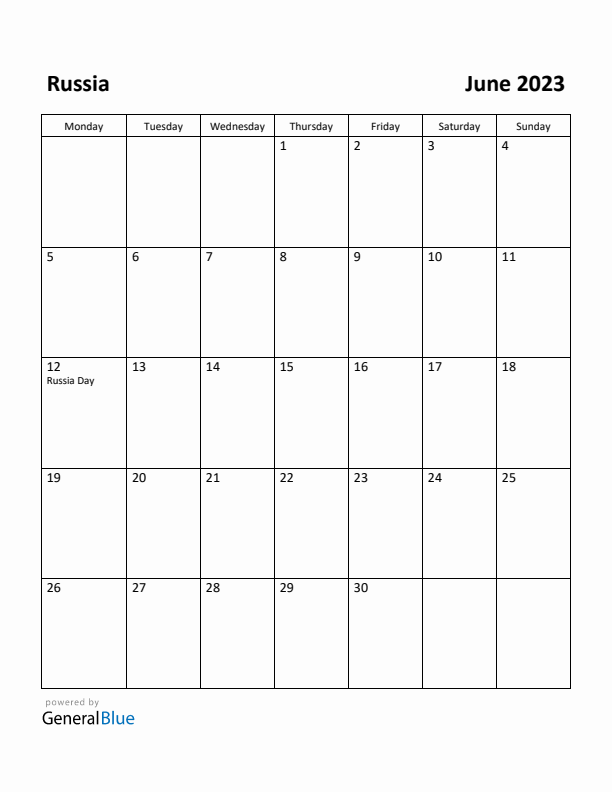 June 2023 Calendar with Russia Holidays