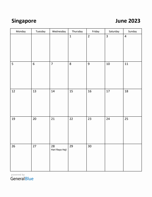 June 2023 Calendar with Singapore Holidays