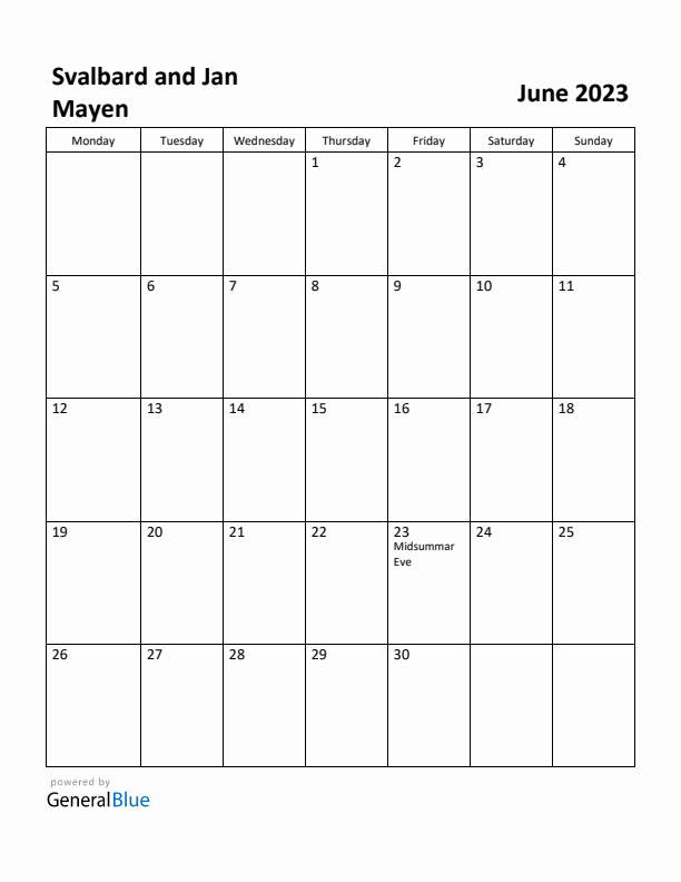 June 2023 Calendar with Svalbard and Jan Mayen Holidays