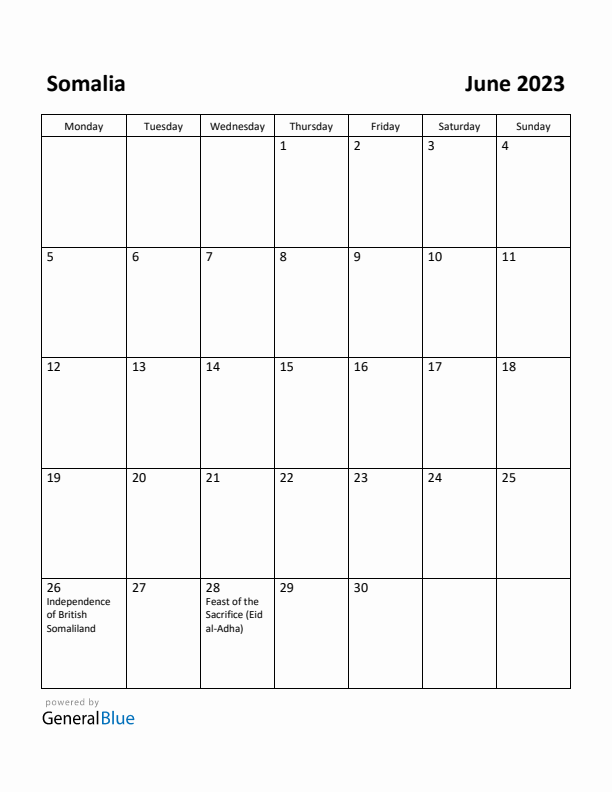 June 2023 Calendar with Somalia Holidays