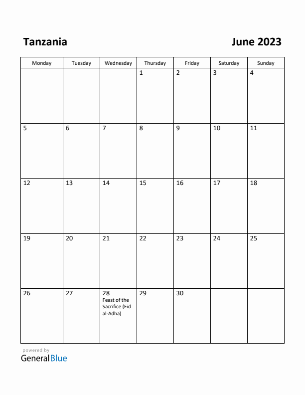 June 2023 Calendar with Tanzania Holidays