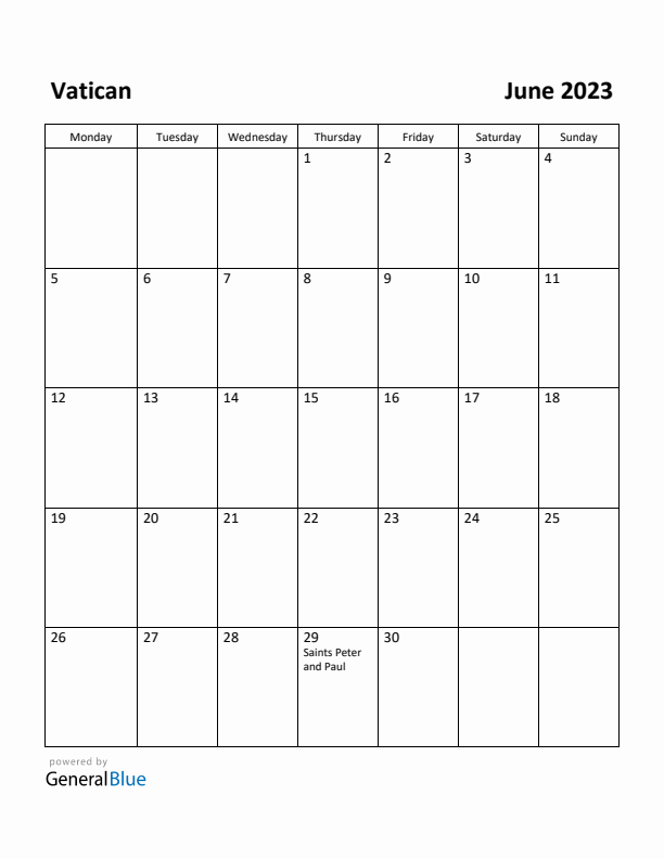 June 2023 Calendar with Vatican Holidays