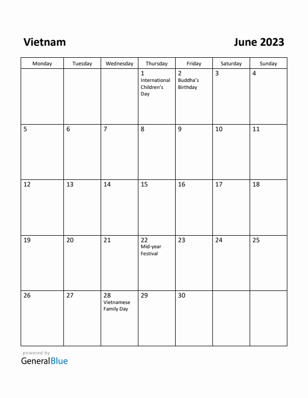 June 2023 Calendar with Vietnam Holidays