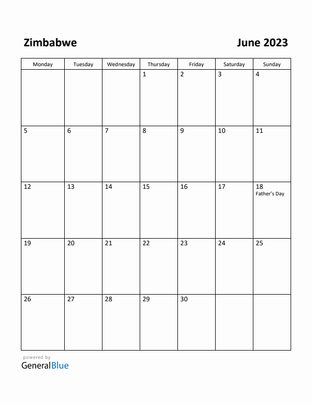 June 2023 Calendar with Zimbabwe Holidays