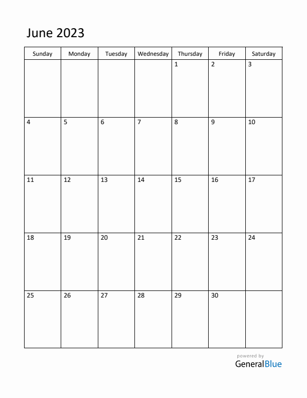 Sunday Start Calendar for June 2023