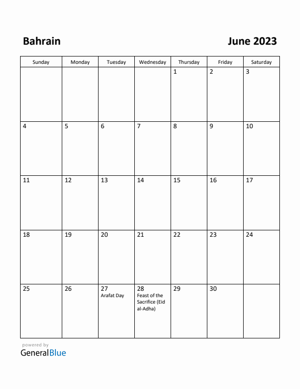 June 2023 Calendar with Bahrain Holidays