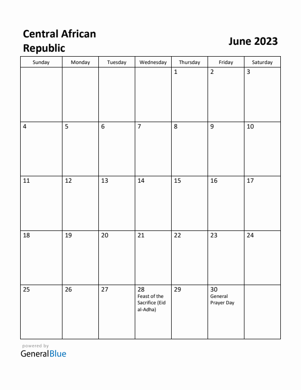 June 2023 Calendar with Central African Republic Holidays