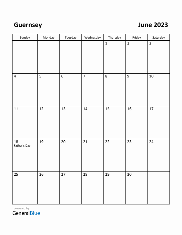 June 2023 Calendar with Guernsey Holidays