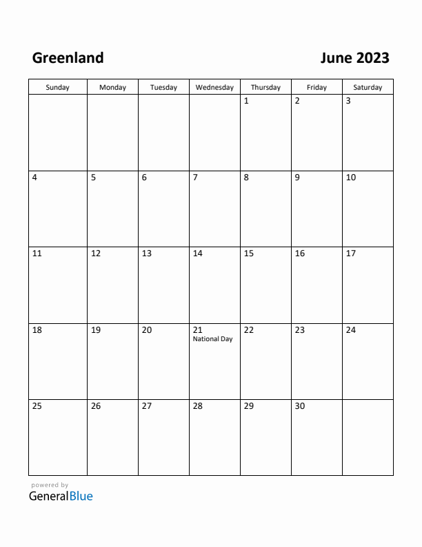 June 2023 Calendar with Greenland Holidays