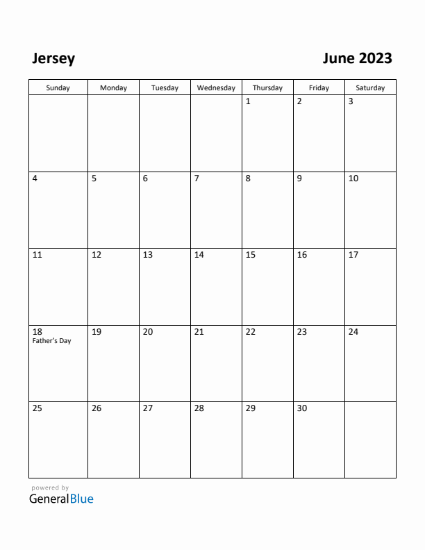 June 2023 Calendar with Jersey Holidays