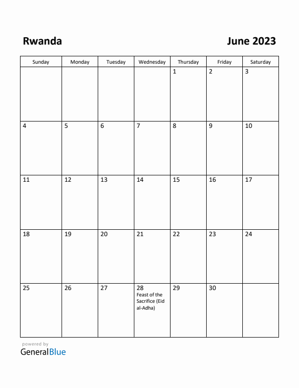 June 2023 Calendar with Rwanda Holidays