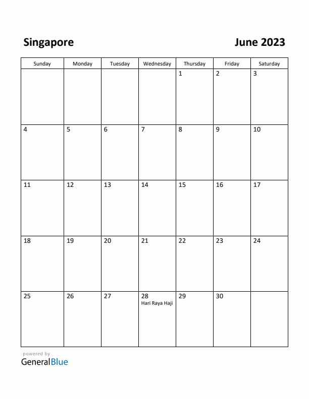 June 2023 Calendar with Singapore Holidays