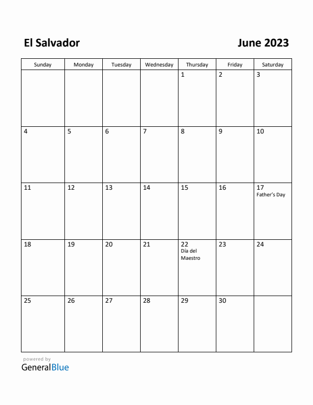 June 2023 Calendar with El Salvador Holidays