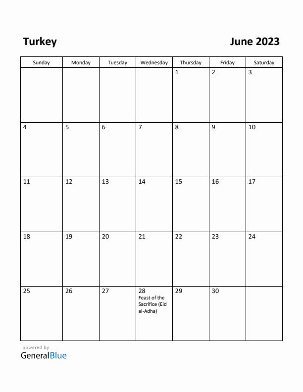 June 2023 Calendar with Turkey Holidays